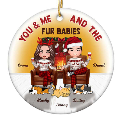Couple And Dogs Cats In House Fireplace Personalized Circle Ornament