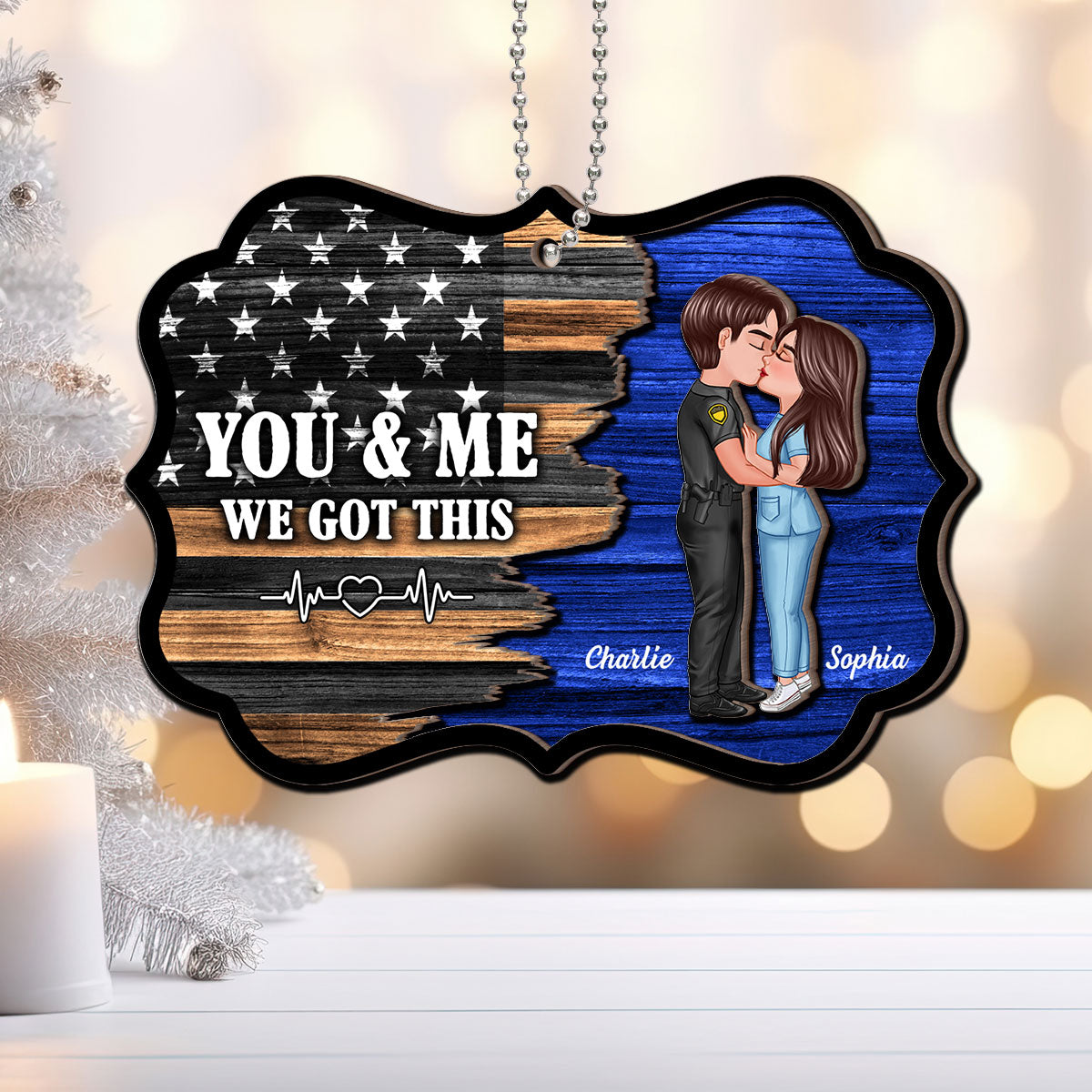 Hero Couple Kissing Half Flag Christmas Decor Gift Personalized 2-Layer Wooden Ornament