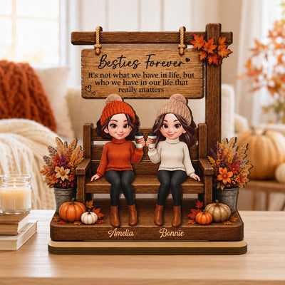 Fall Season Besties Under Sign Post 2D Flat - Personalized Wooden Plaque