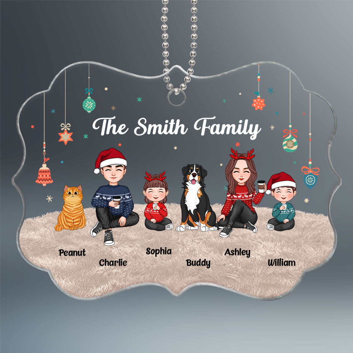 Christmas Cute Family Sitting On Carpet - Personalized Ornament