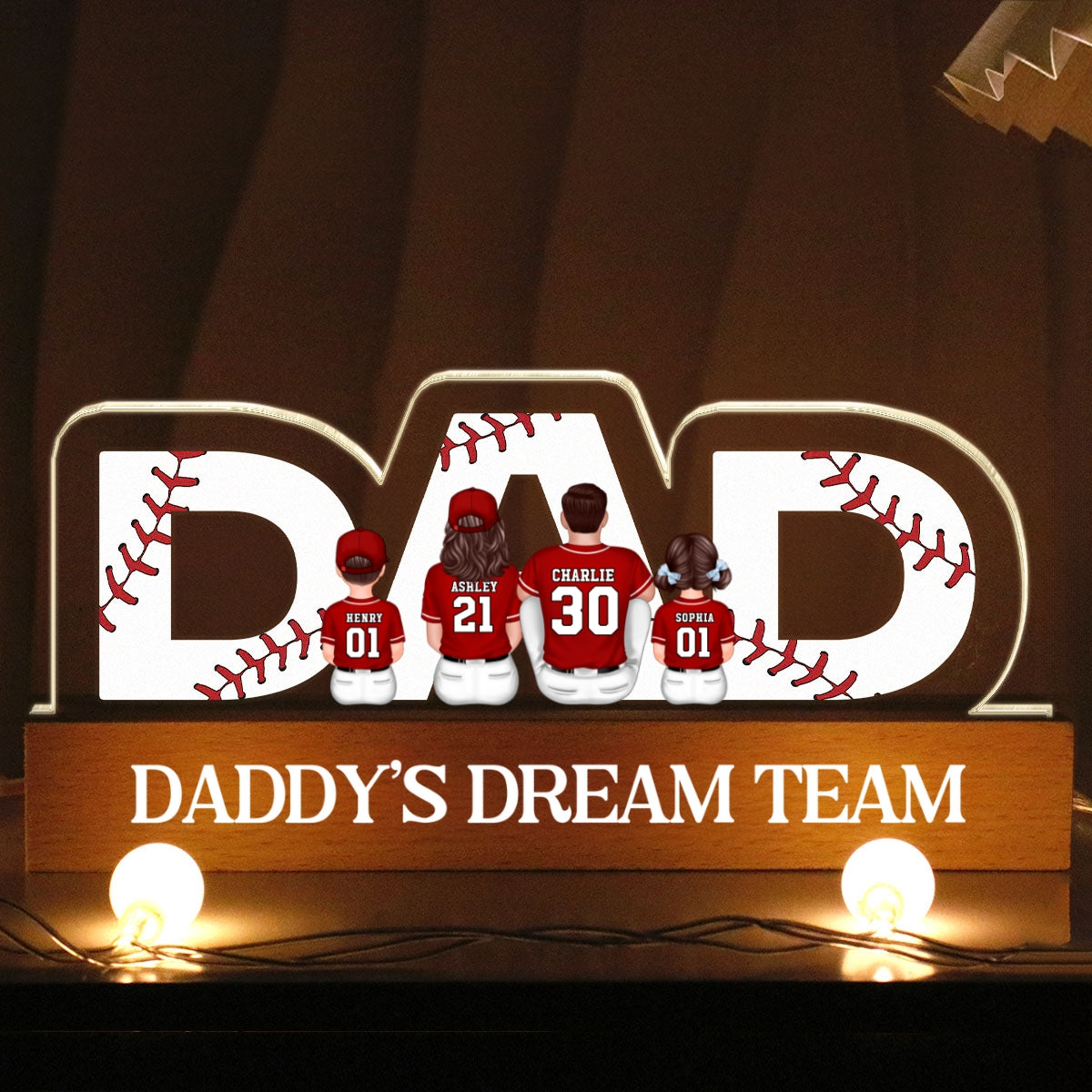 DAD Baseball Family Sitting Back View Personalized Acrylic LED Night Light, Father's Day Gift For Dad, Gift For Husband