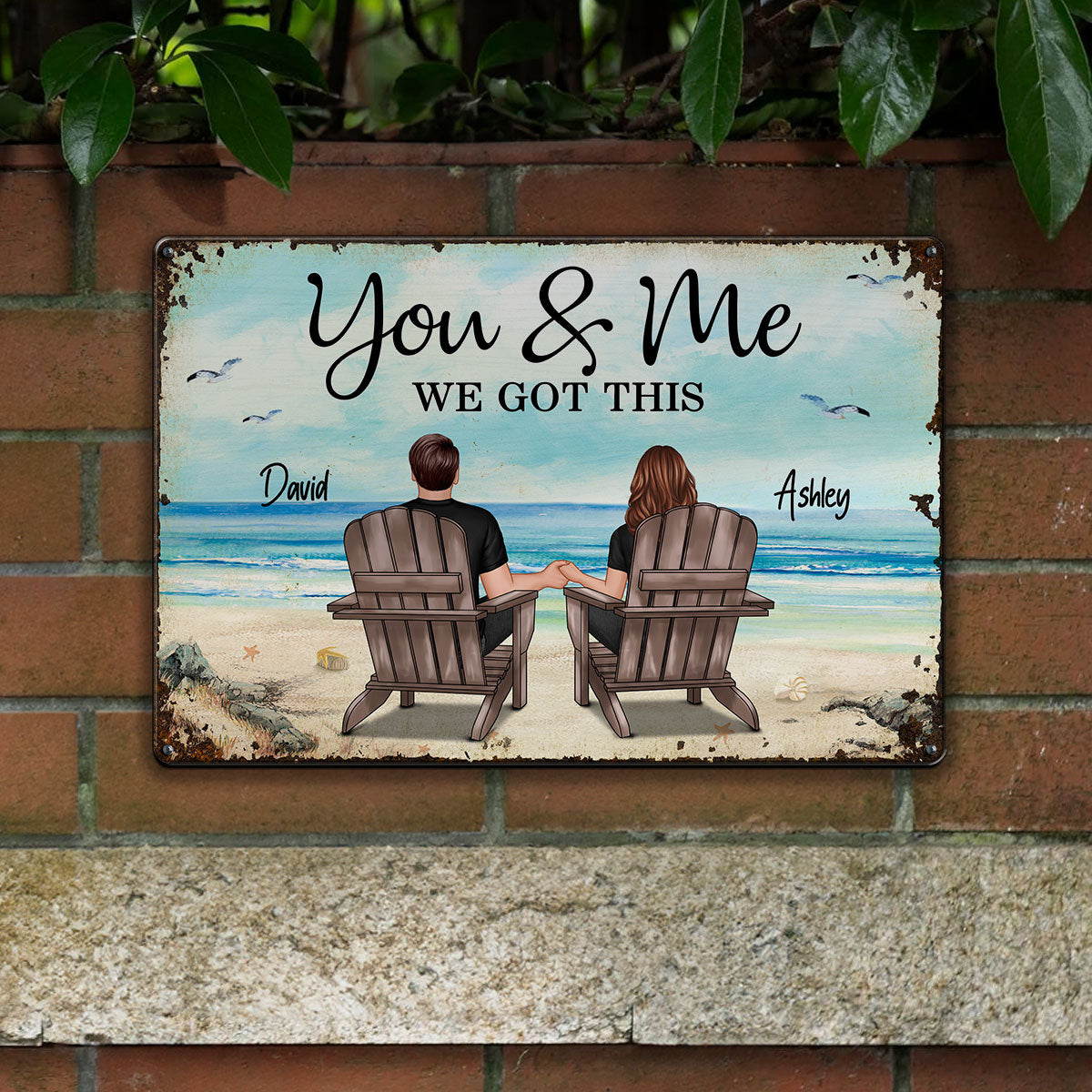 Back View Couple Sitting Beach Landscape Personalized Metal Sign