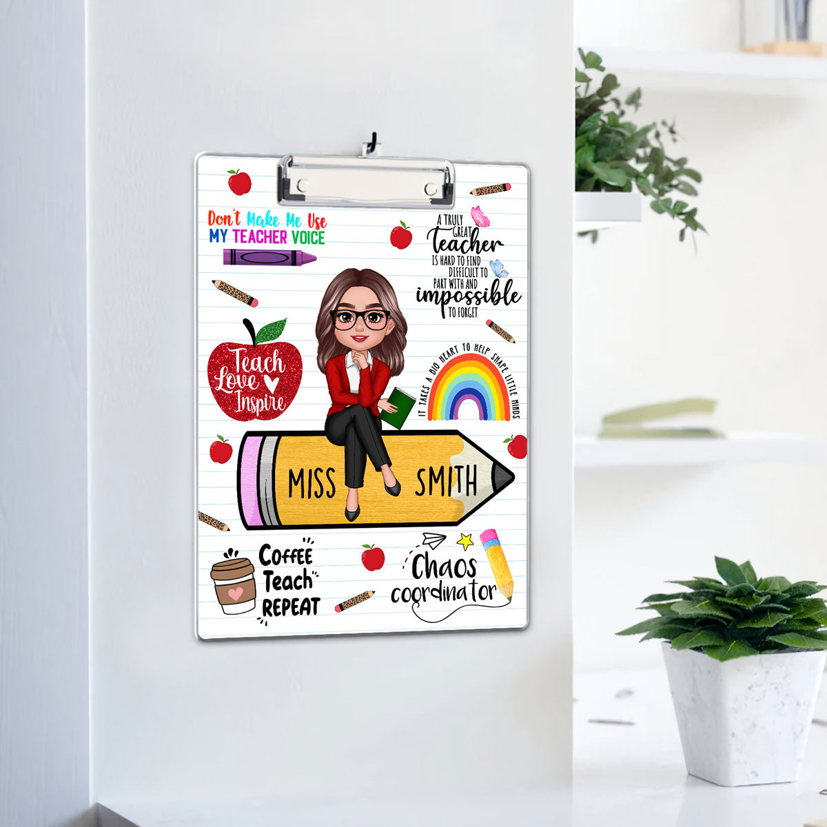Teacher Sitting On Pencil Personalized Clipboard, Appreciation Gift