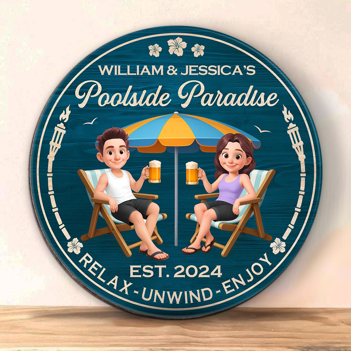Couple Blue Ocean Poolside Paradise Personalized Wood Sign
