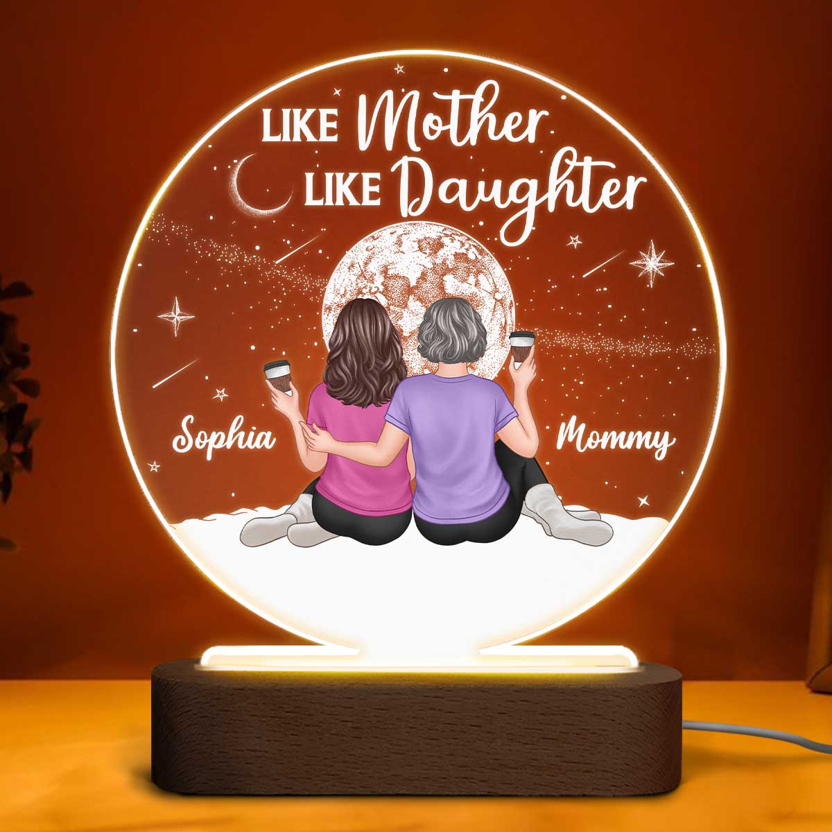 Embracing Mother Daughters Moon Personalized Circle Plaque LED Night Light