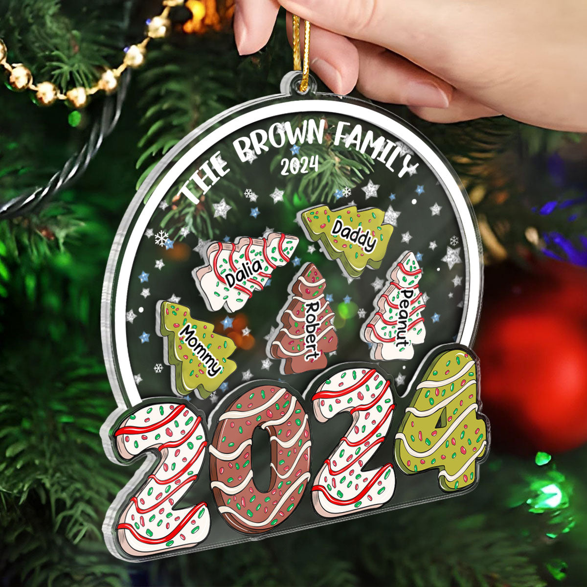 Family Christmas Tree Cake 2024 Personalized Shaker Ornament, Christmas Gift