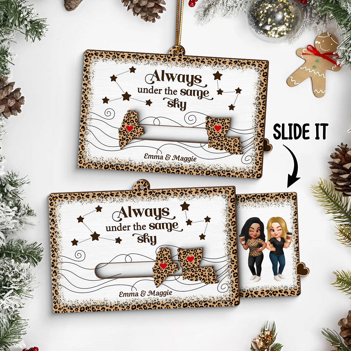 Long Distance Leopard State Map Besties Sisters Personalized Slider Ornament, Meaningful Christmas Gift