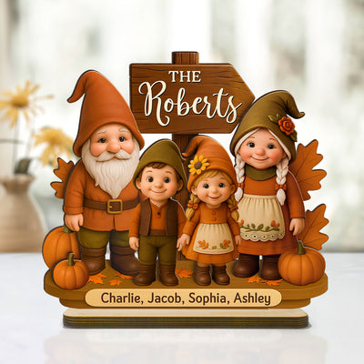 Gnome Family Fall Season Personalized 2-Layer Standing Wooden Plaque