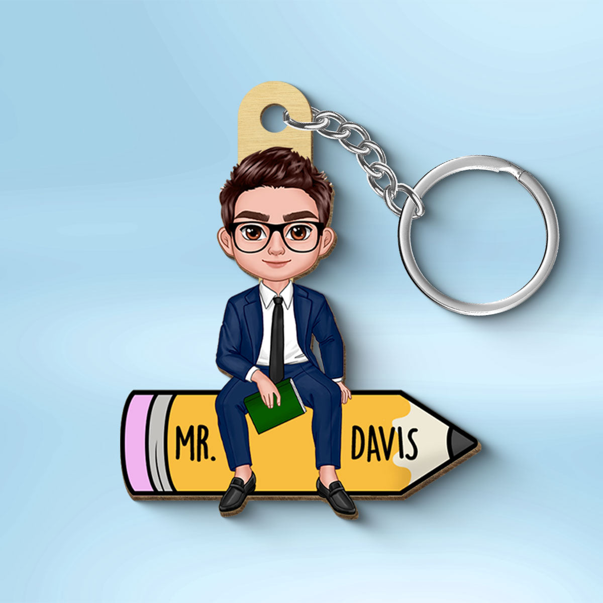 Doll Teacher Sitting On Pencil Personalized Wooden Keychain, Back To School Gift For Teacher