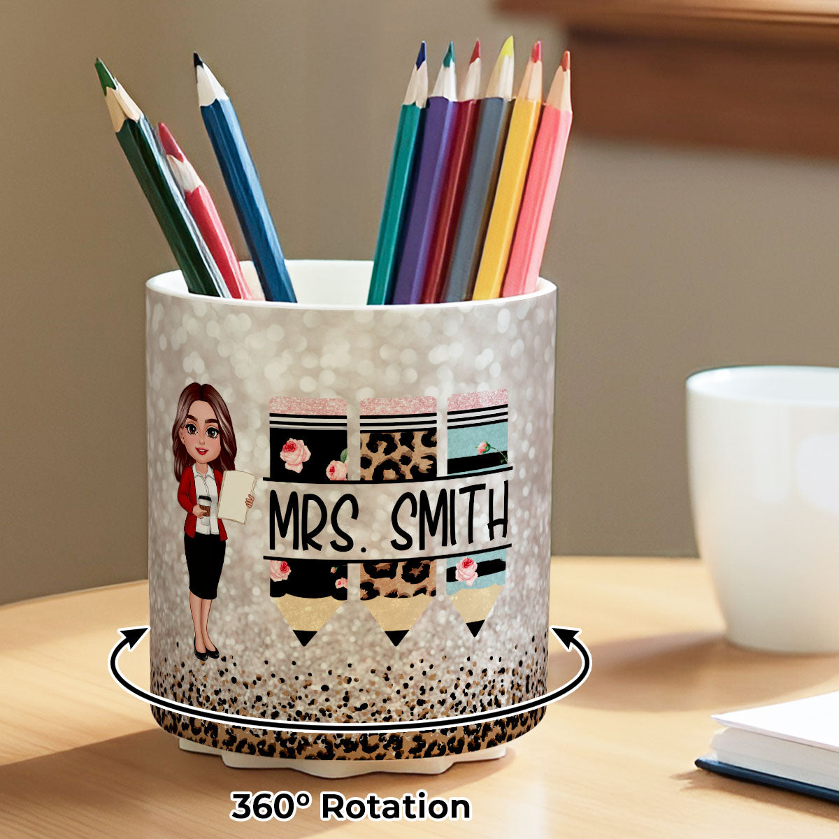 Teacher Leopard Rainbow Personalized Rotating Pen Holder, Teacher Appreciation Gift, Back To School Gift