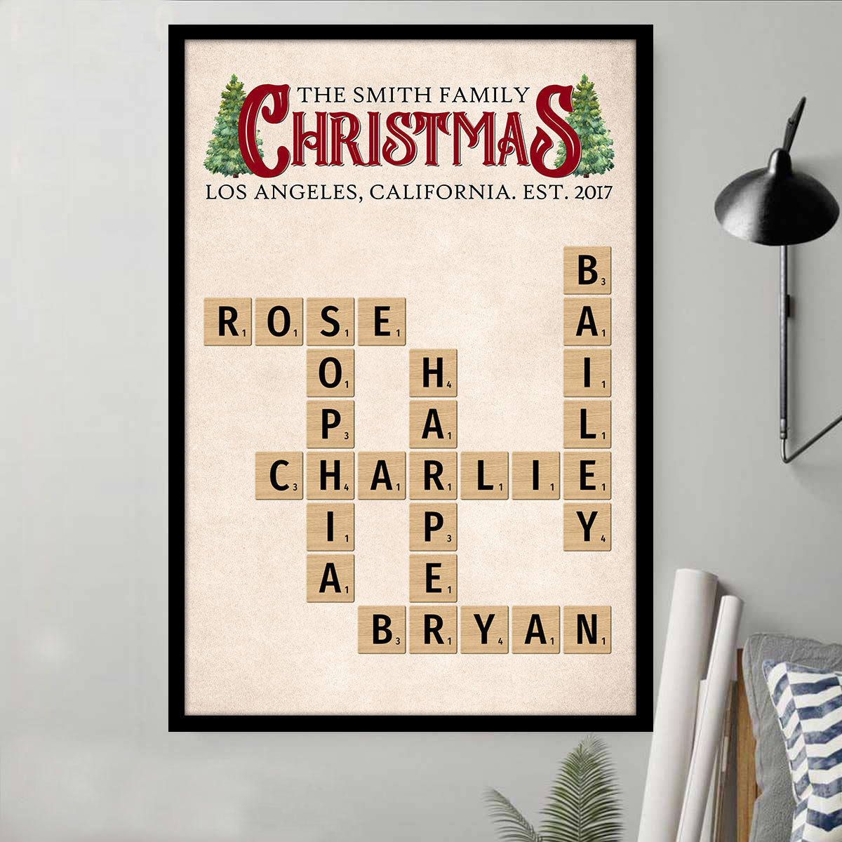 Family Rustic Christmas Crossword Puzzle Art Family Bond Personalized Poster, Christmas Decor