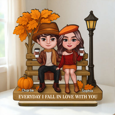 3D Effect Fall Season Couple Sitting On The Bench Personalized 2-Layer Standing Wooden Plaque