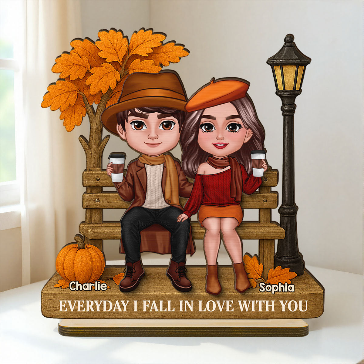 3D Effect Fall Season Couple Sitting On The Bench Personalized 2-Layer Standing Wooden Plaque