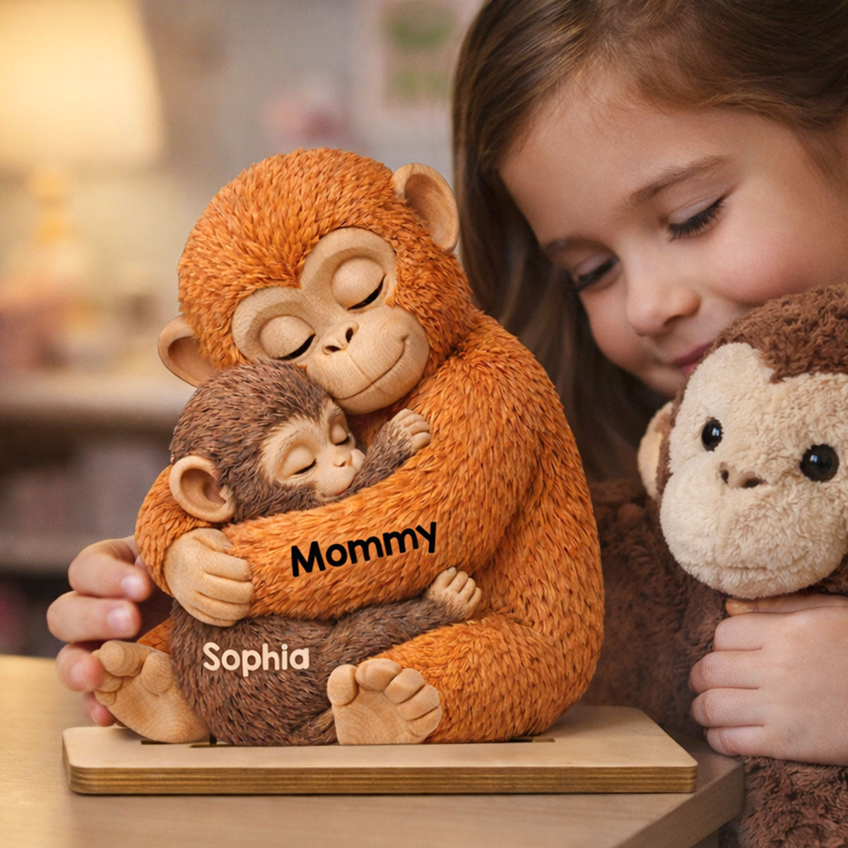 Mother Monkey & Children, Baby Monkey Punch - Personalized 2-Layered Wooden Plaque - Heartfelt Mother's Day Gift for Mom, Wife