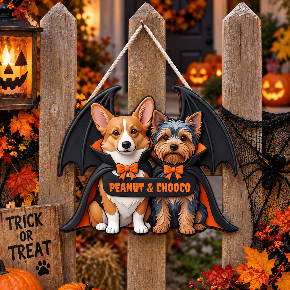 Custom Dog Cat Vampire - Personalized Door Hanger Sign - Spooky Rustic Halloween Porch Decoration