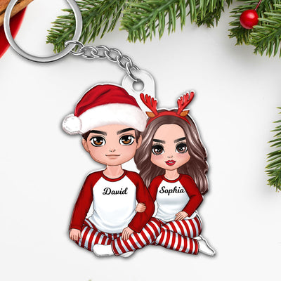 Christmas Doll Couple Sitting Hugging Personalized Acrylic Keychain