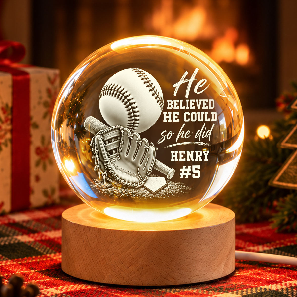 Proud Baseball Player Name And Number - Personalized Crystal Ball LED Night Light - Christmas Gift For Teenagers, Baseball Players, Baseball Lovers, Daughter, Granddaughter, Son, Grandson