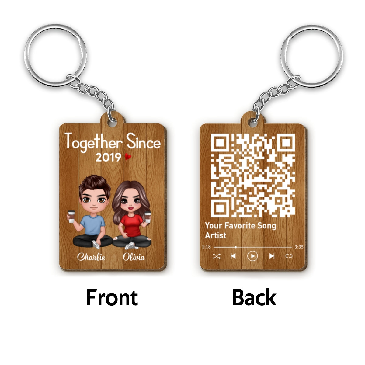 Doll Couple Sitting Favorite Song Scannable QR Code Personalized Wooden Keychain
