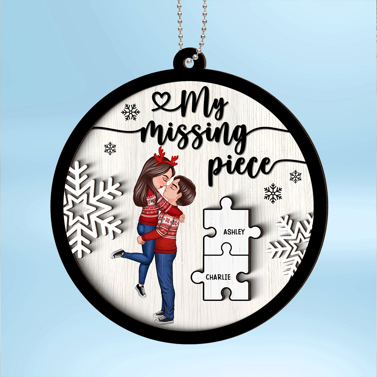 My Missing Piece Couple Hugging Kissing Personalized 2-Layer Wooden Ornament, Christmas Gift For Her, For Him