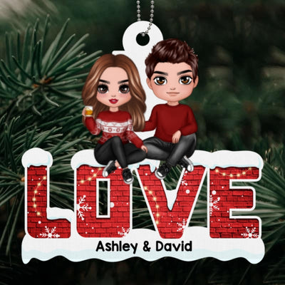 Doll Christmas Couple Sitting On LOVE Personalized Wooden Ornament