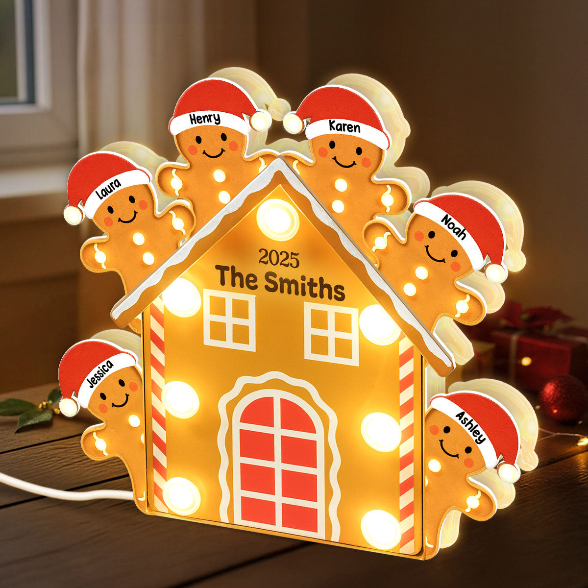 Gingerbread House Family Marquee Effect Personalized LED Light Box, Christmas Decoration