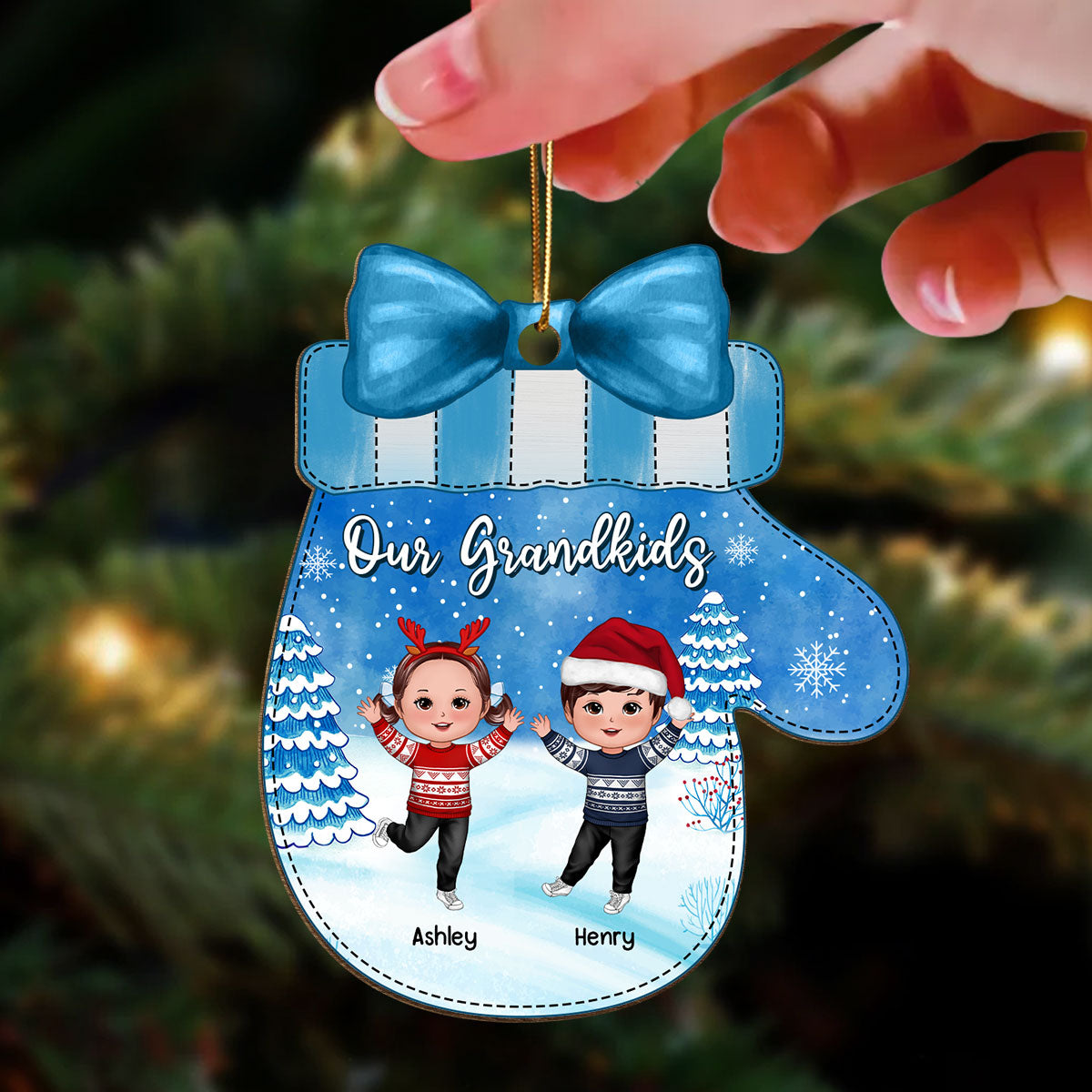 Happy Kids In Snow Glove Shaped Personalized Wooden Ornament