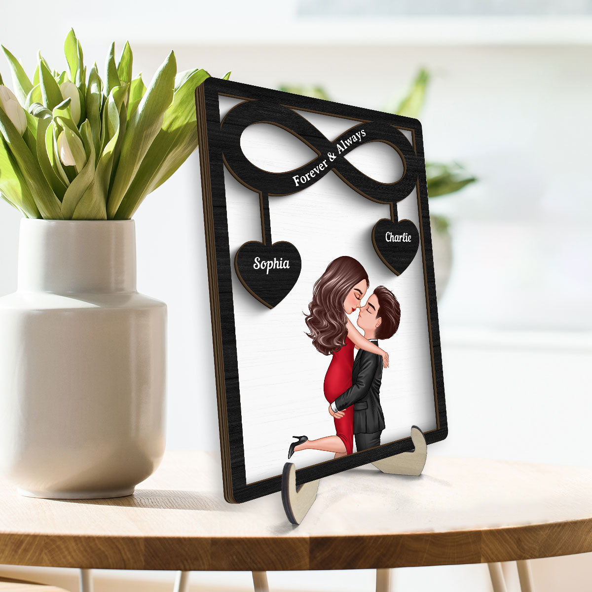 Couple Hugging Kissing Infinity Hearts Hanging Personalized 2-layer Wooden Plaque,  Gift For Him, For Her