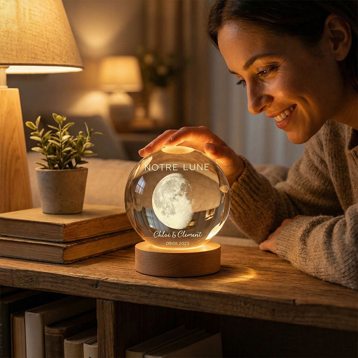 Veilleuse Boule de Cristal LED Personnalisée - Phase de Lune de Votre Jour Spécial - Cadeau pour Couple