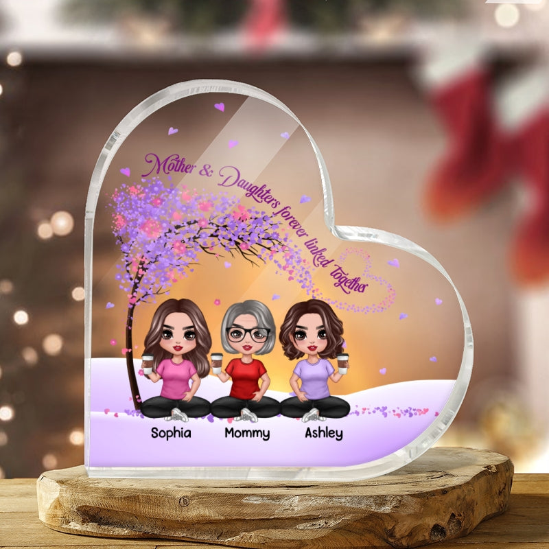 Doll Mom And Daughters Sitting Under Purple Tree Personalized Heart Acrylic Plaque