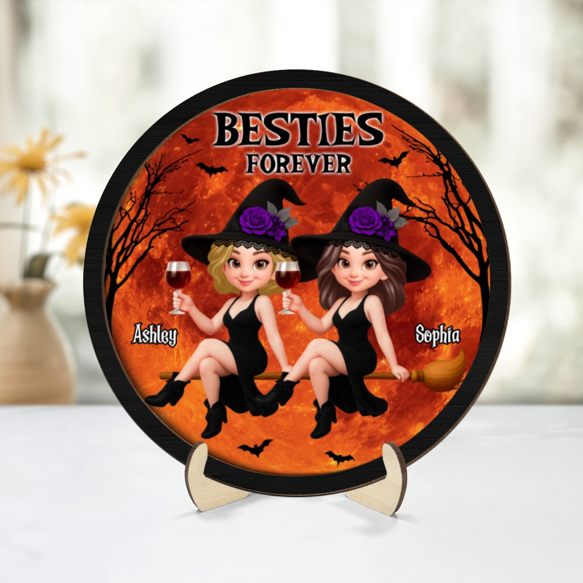 Halloween Witch Besties On Broom Personalized 2-Layer Wooden Plaque, Halloween Gift