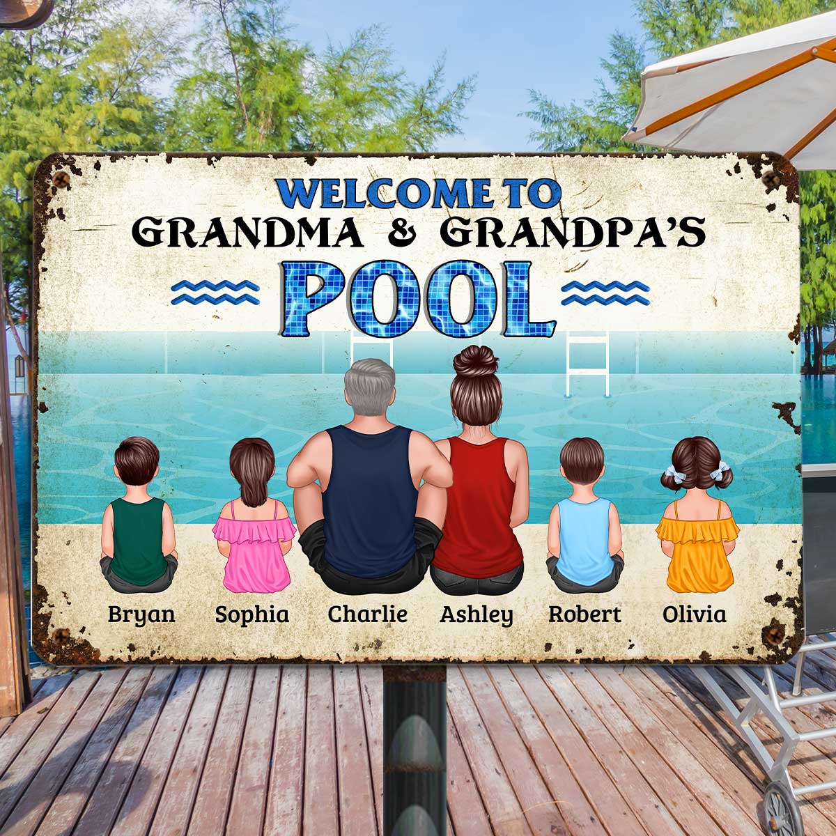 Welcome To Grandparents Pool Back View Grandpa Grandma Sitting With Grandkids Personalized Metal Sign