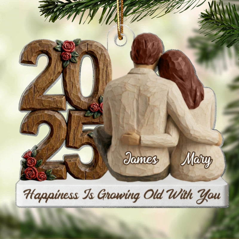 Couple Back View Hugging Faux Wood - Personalized Acrylic Ornament - Heartwarming Christmas Gift For Him, For Her, For Couple