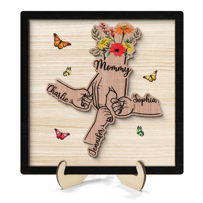Grandma Mom Kids Hands Flowers Personalized 2-layer Wooden Plaque
