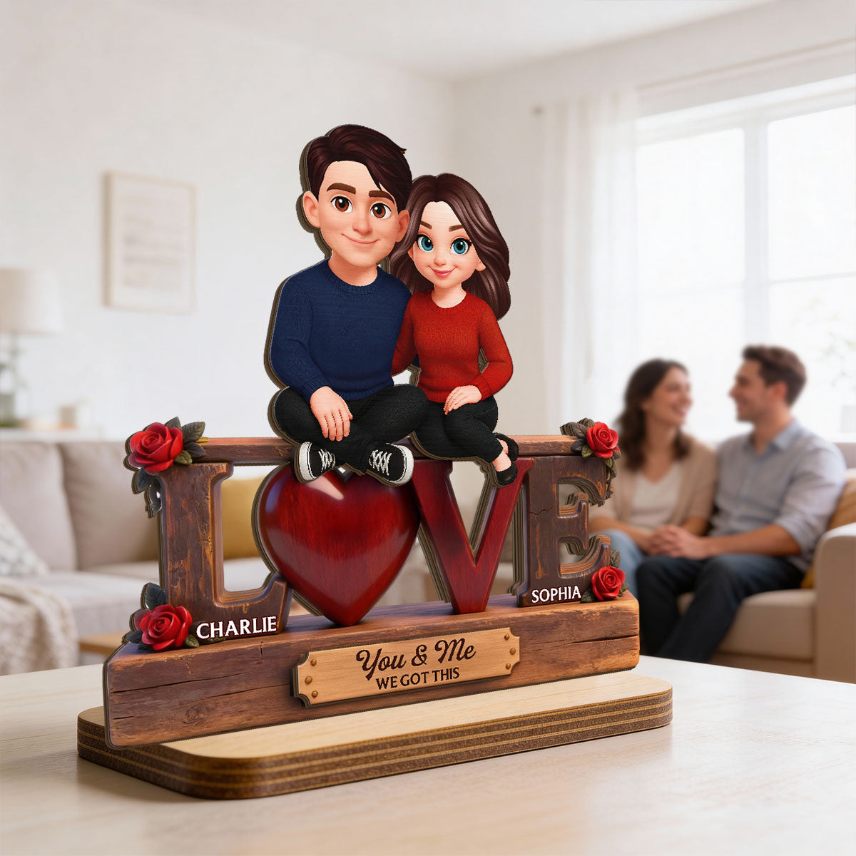 Roses LOVE Couple Sitting Embracing - Personalized 2-Layered Wooden Plaque - Valentine's Day Gift For Couple, For Him, For Her