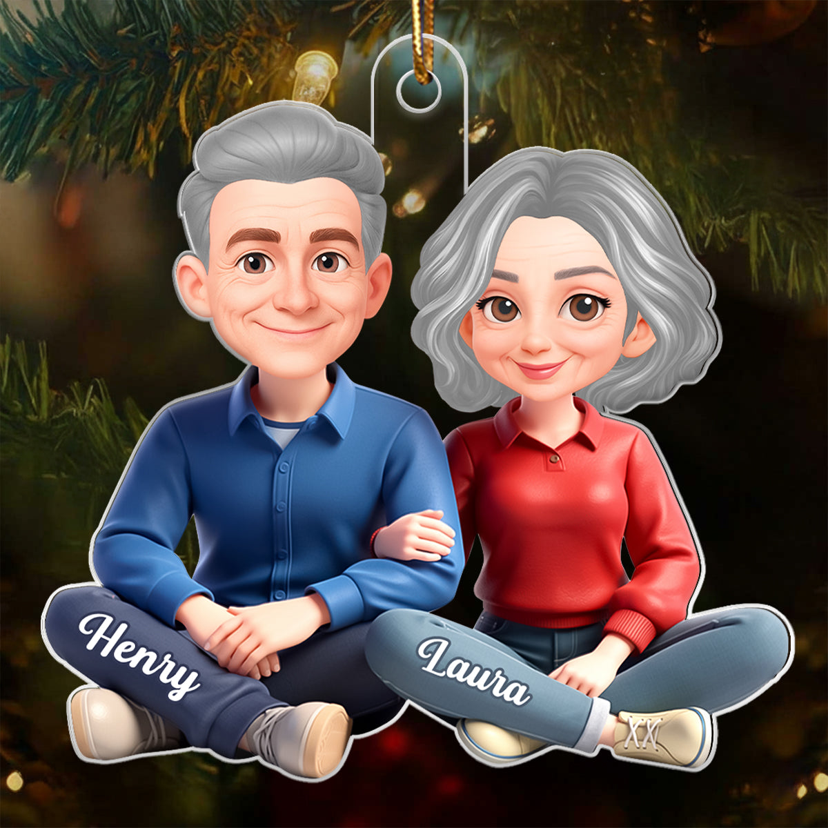 Loving Cartoon Couple Sitting Together - Personalized Acrylic Ornament - Christmas Gift for him, Gift for her