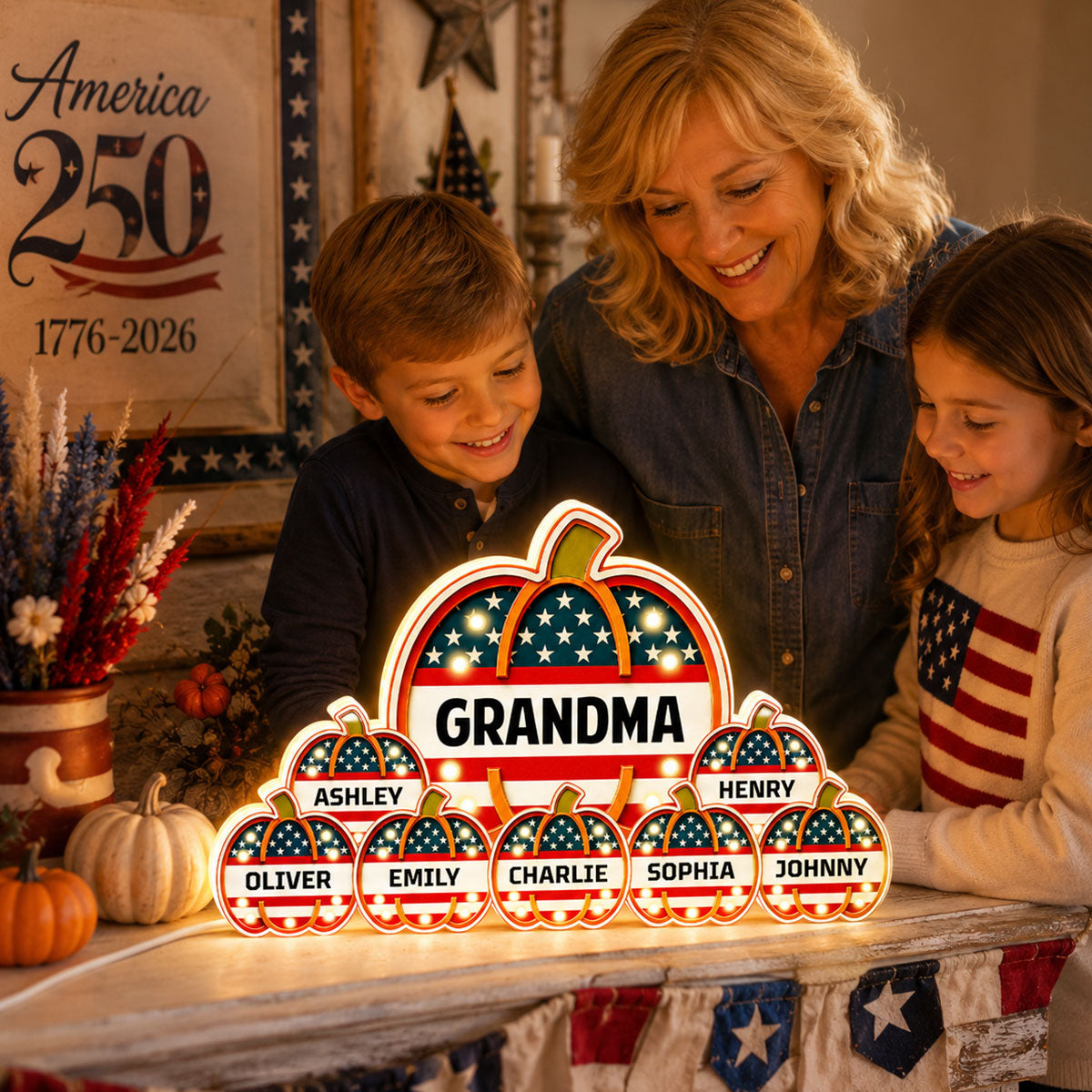 Trending Patriotic Grandma Little Pumpkins - Personalized Light Box - Fall Season Gift For Grandma, Mom