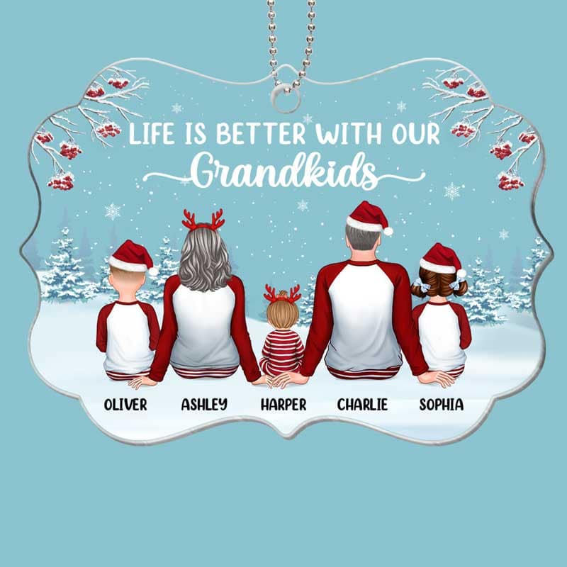 Grandparents & Grandkids Pajamas In Snow Personalized Acrylic Ornament