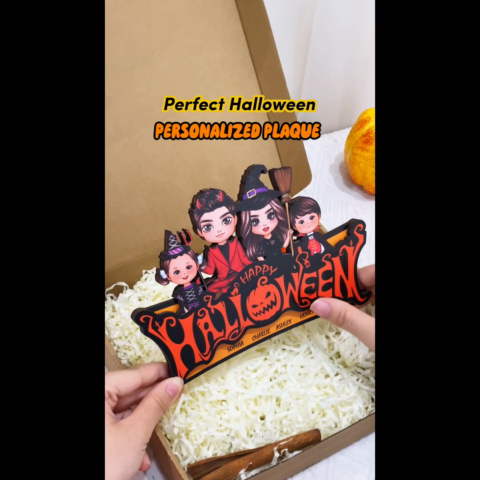 Happy Halloween Jack O Lantern Spooky, Family Sitting - Personalized 2-Layered Wooden Plaque