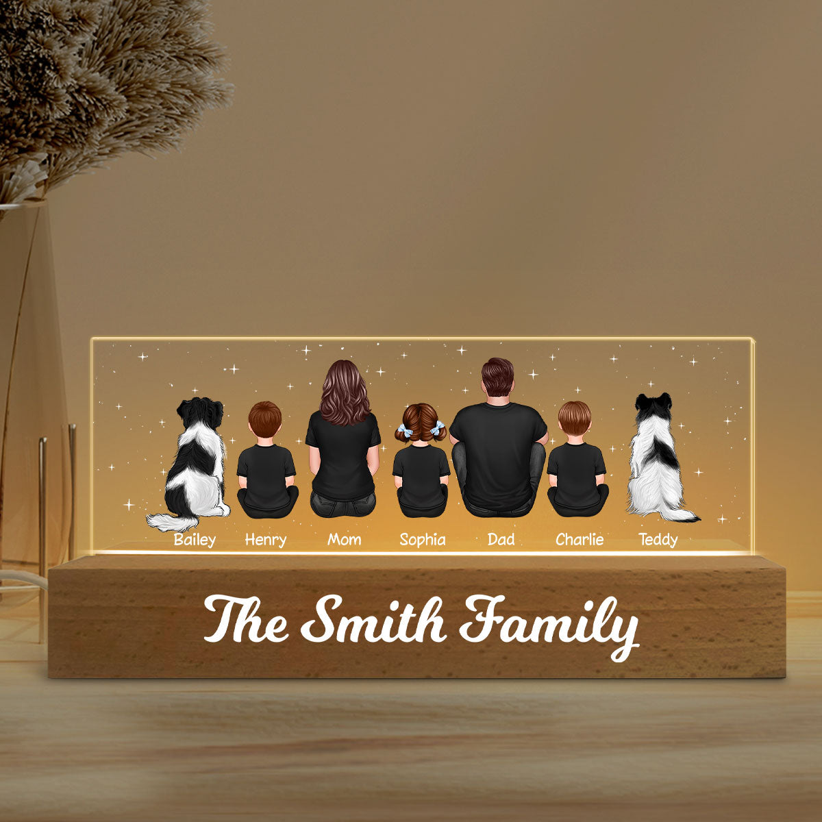 The Whole Family Dad Mom Kids Dogs Cats Personalized Acrylic Block LED Night Light