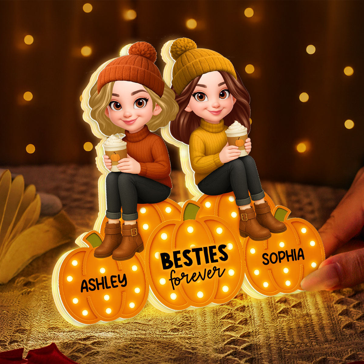 Besties Sisters Sitting On Pumpkins Marquee Pattern Effect Personalized LED Light Box, Cozy Fall Vibe Home Decoration