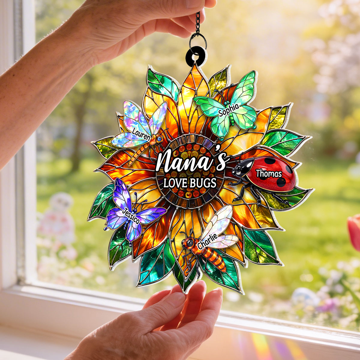Grandma's Love Bugs Sunflower - Personalized Acrylic Window Hanging - Mother's Day Gift for Mom, Grandma, Wife