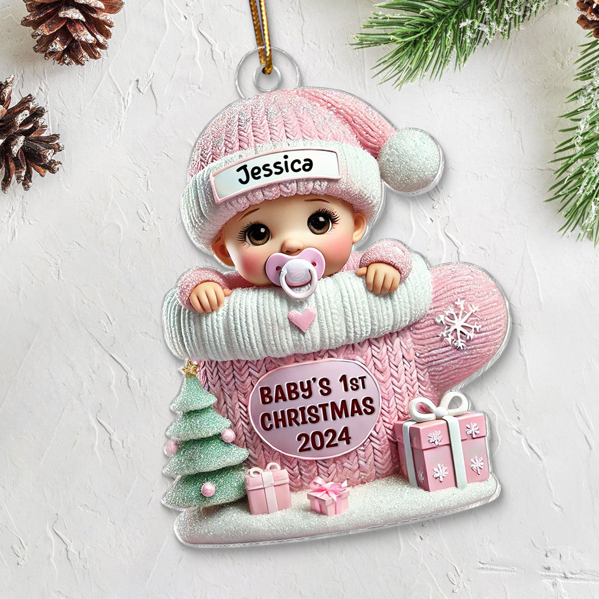 Baby In Mitten 3D Effect Baby's First Christmas - Personalized Acrylic Ornament