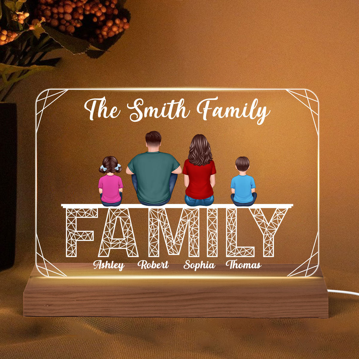 Family Sitting On Polygon Word Personalized Custom Shape LED