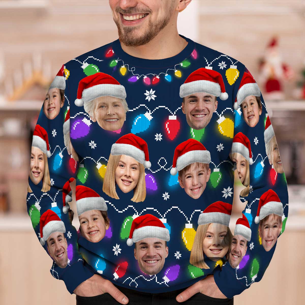 Christmas Light Family Dog Cat Pet Photo Upload Funny Christmas Personalized Faux Knit Ugly Sweater