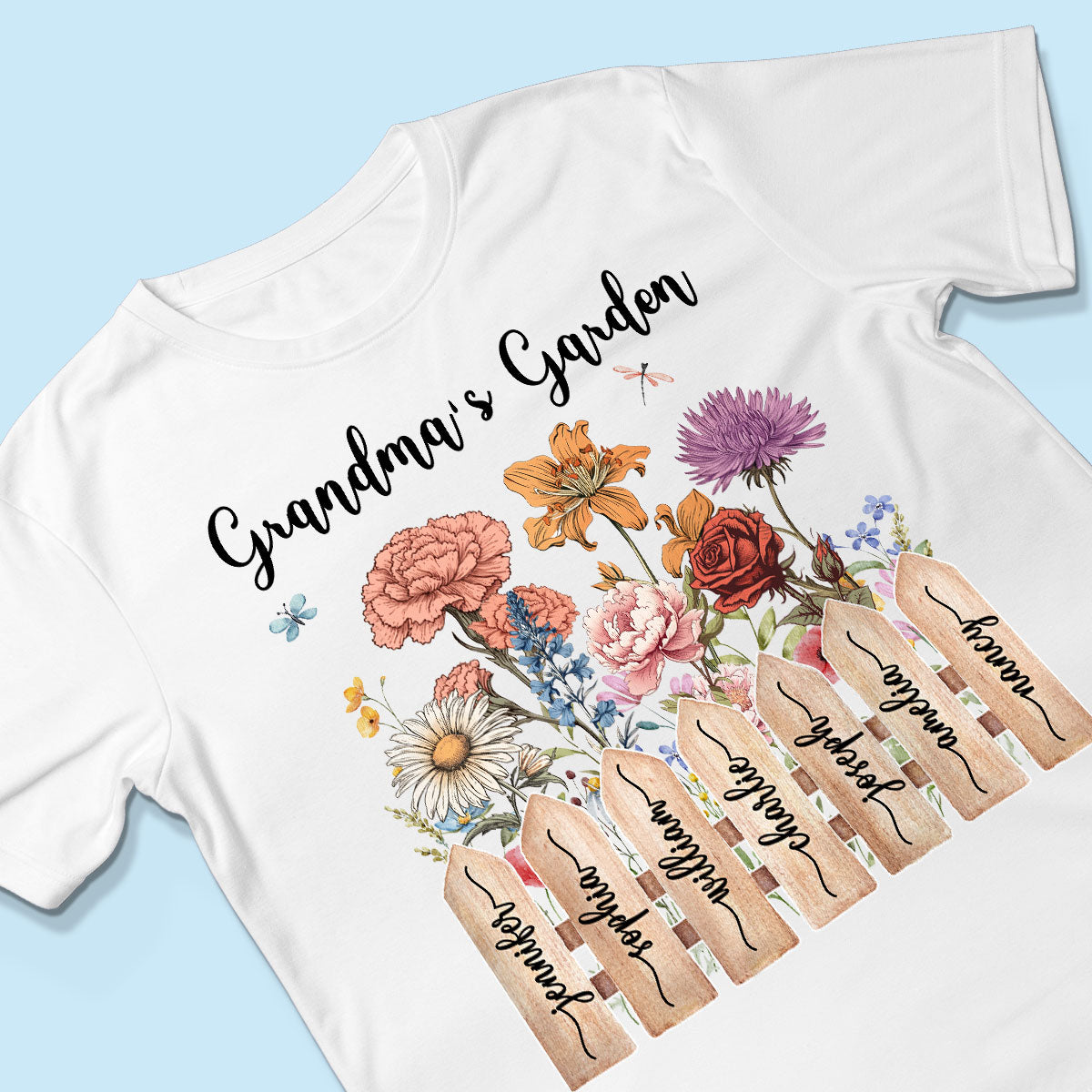 Grandma Birth Month Flower Garden Grandkids Names On Fence Personalized Shirt, Mother's Day gift for Mom, for Grandma