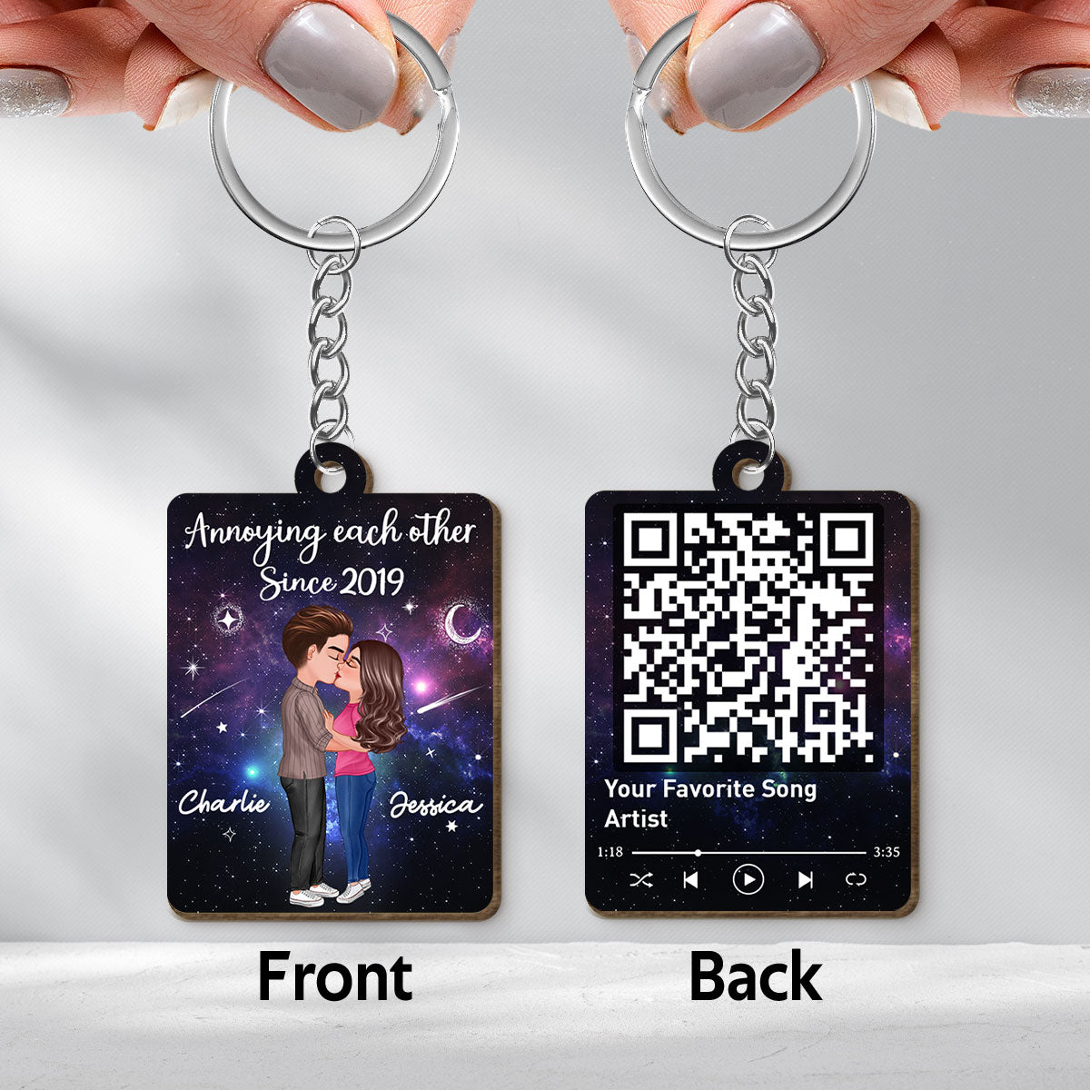Doll Couple Kissing In Galaxy Night Favorite Song Scannable QR Code Personalized Wooden Keychain