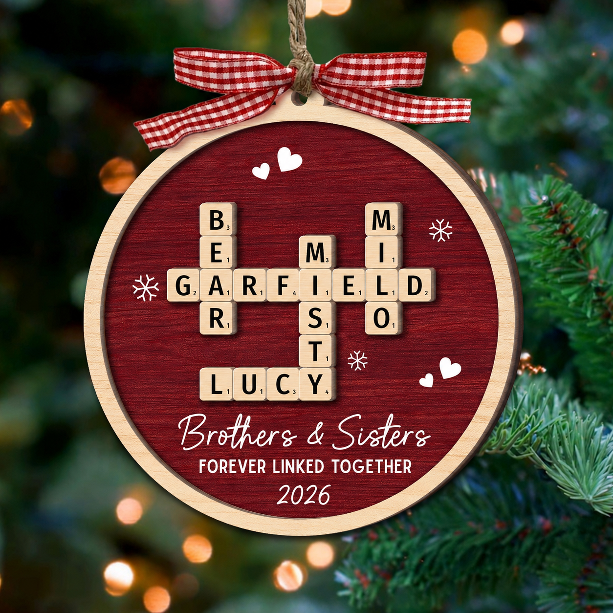 Siblings Forever Linked Together Crossword Puzzle Art - Personalized 2-Layer Wooden Ornament
