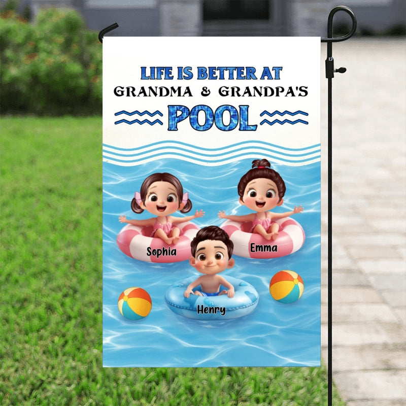 Life is Better at Grandma & Grandpa Pool Personalized Garden Flag, Grandchildren Welcome Flag