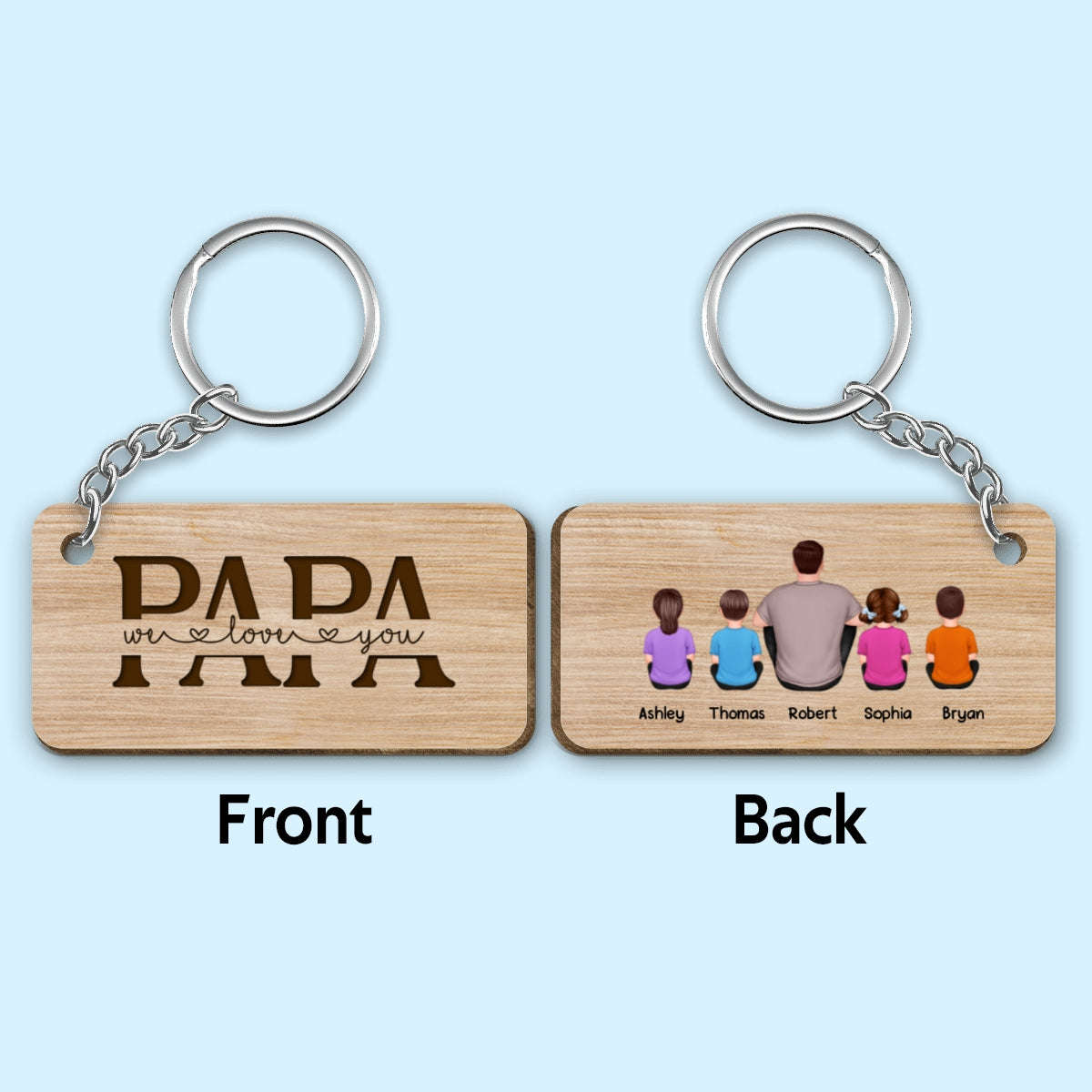Best Papa Ever Back View Man Kids Dog Cat Personalized Wooden Keychain
