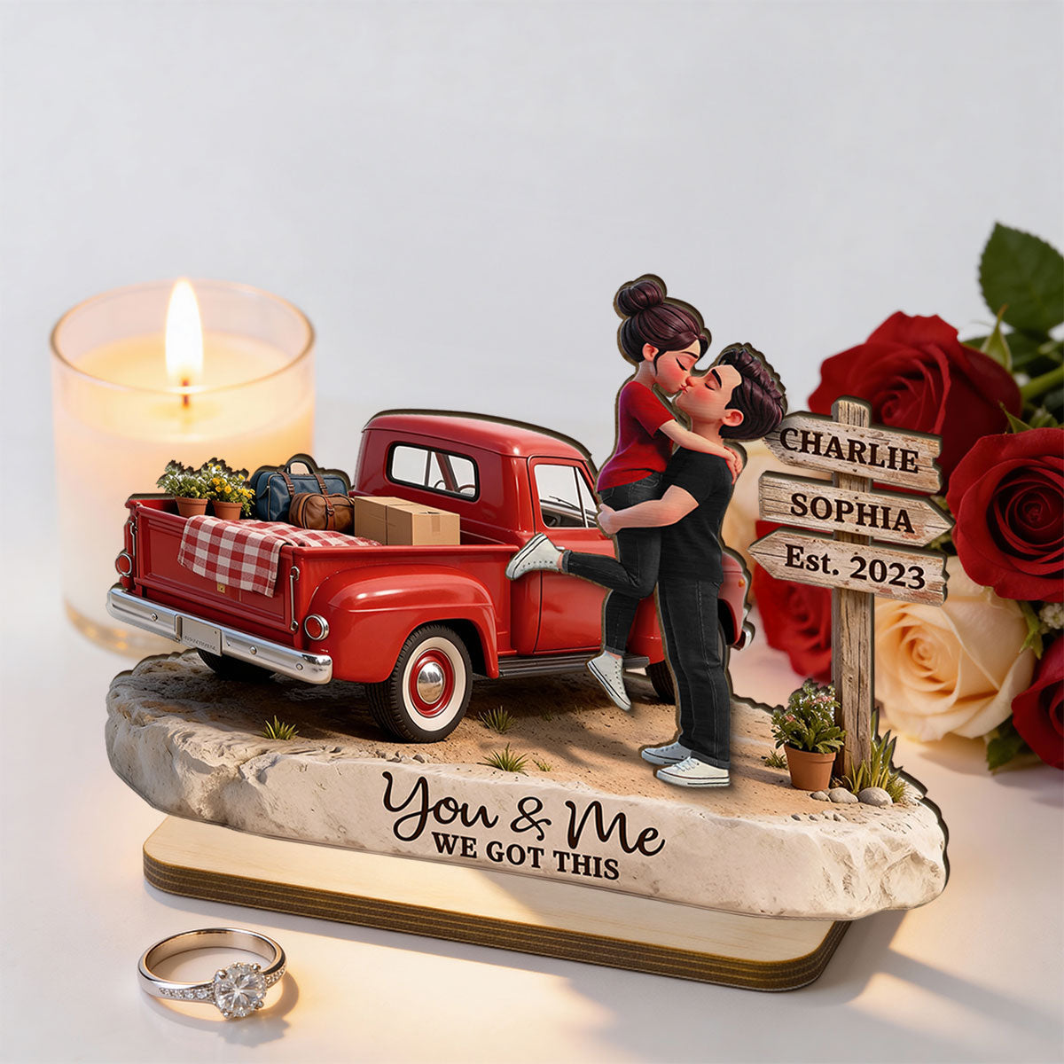Romantic Couple Pickup Truck Sign Post - Personalized 2-Layered Wooden Plaque - Heartfelt Valentine's Day Gift For Couple, Farmhouse Decor